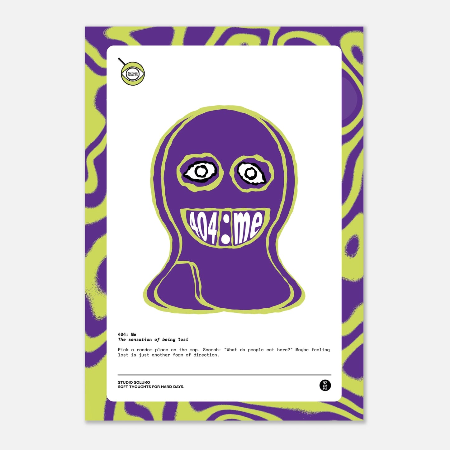 404: Me poster with abstract visual and playful mindfulness message exploring the feeling of being lost as self-discovery.