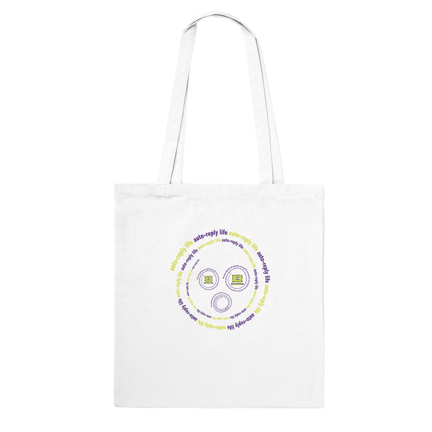 Auto-Reply Life canvas tote bag with abstract design and playful message for mindful living and breaking routine.
