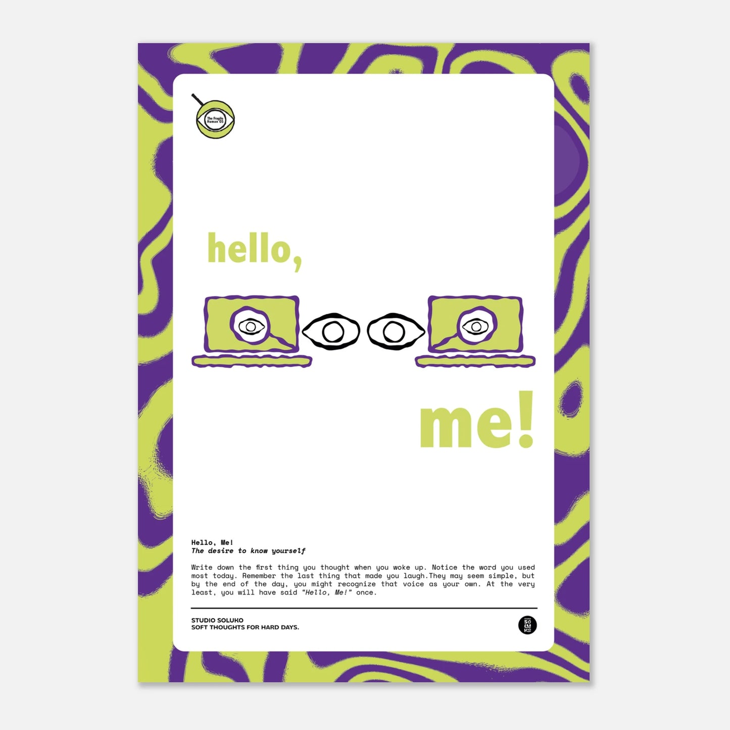 Hello, Me! poster with eye illustrations and daily mindfulness prompts for self-reflection and emotional awareness.