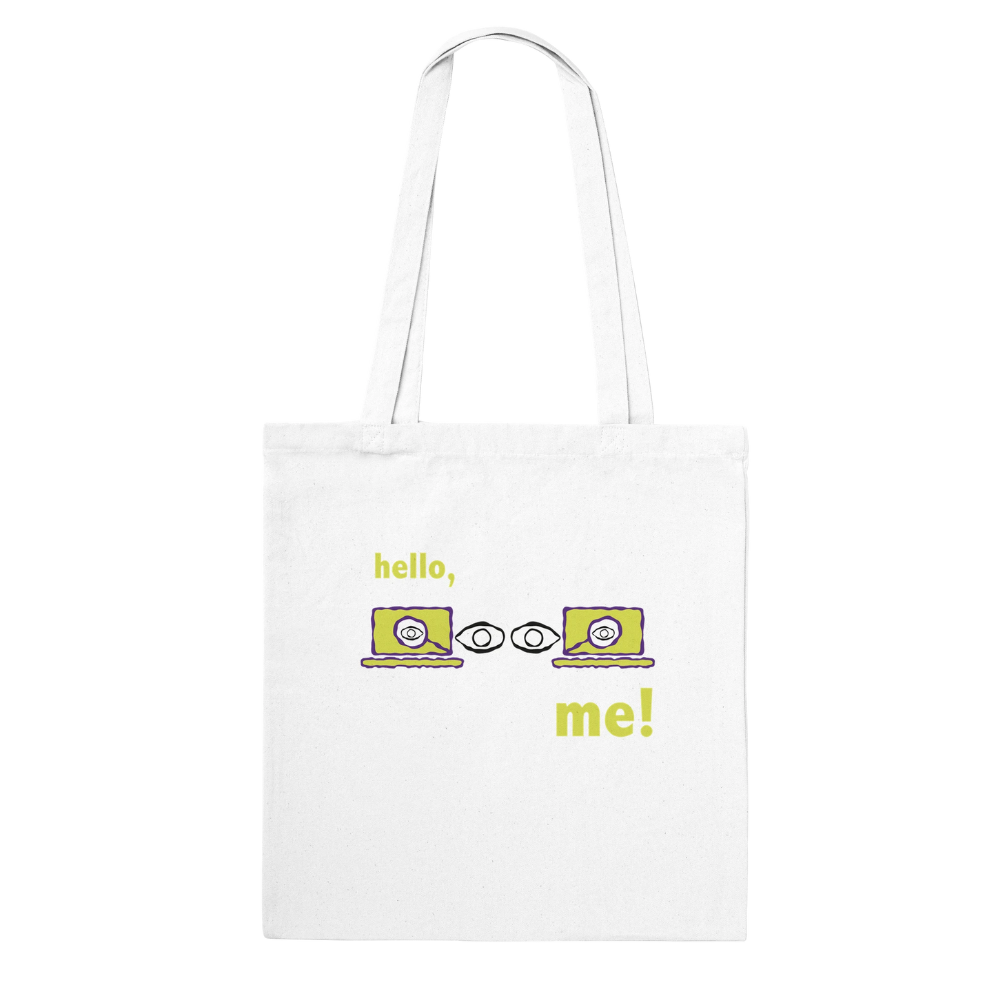 Hello, Me! canvas tote bag with eye illustration and mindfulness message for daily self-reflection and emotional wellness.