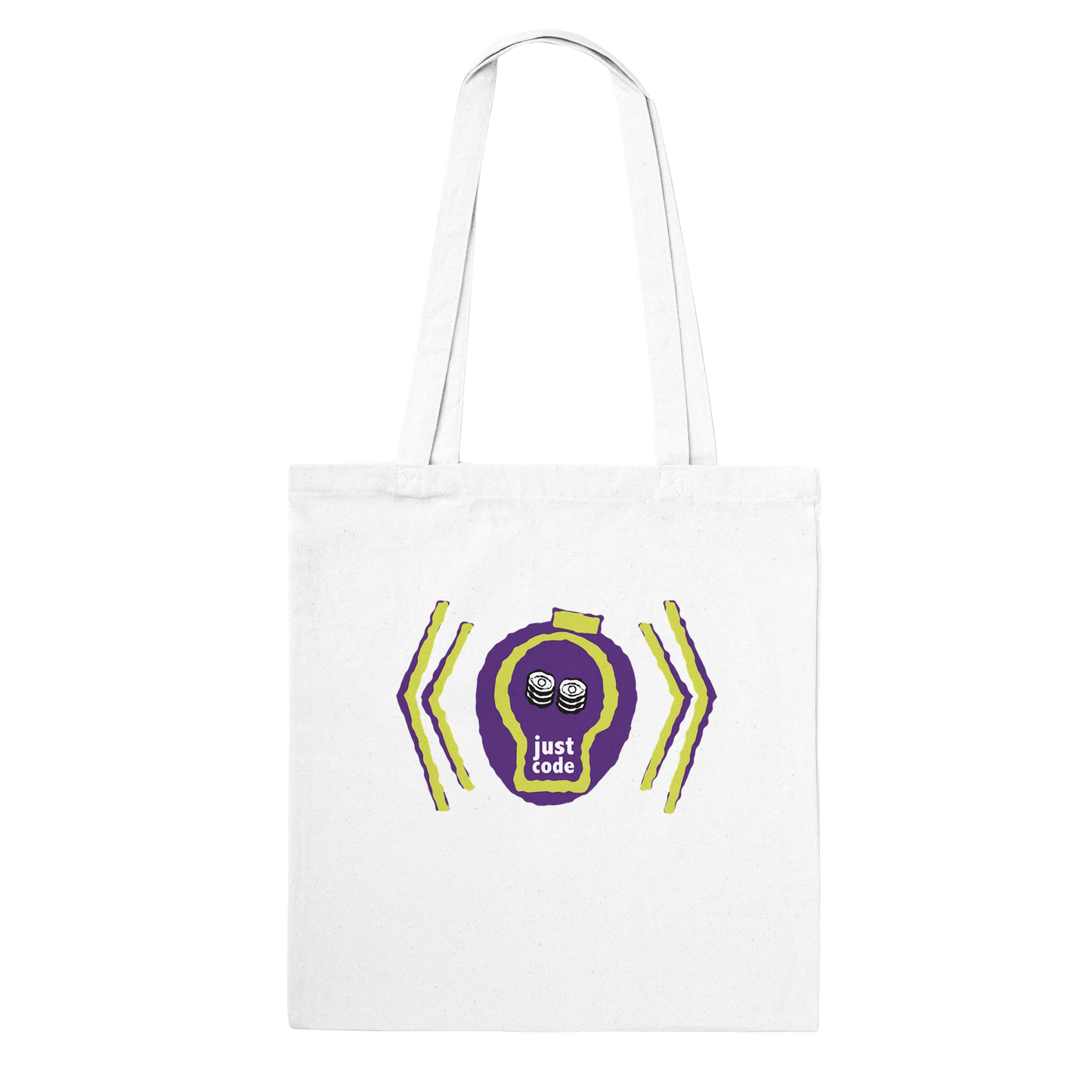 Just Code canvas tote bag with abstract design and mindfulness message encouraging a break from screens and reconnection with the physical world.