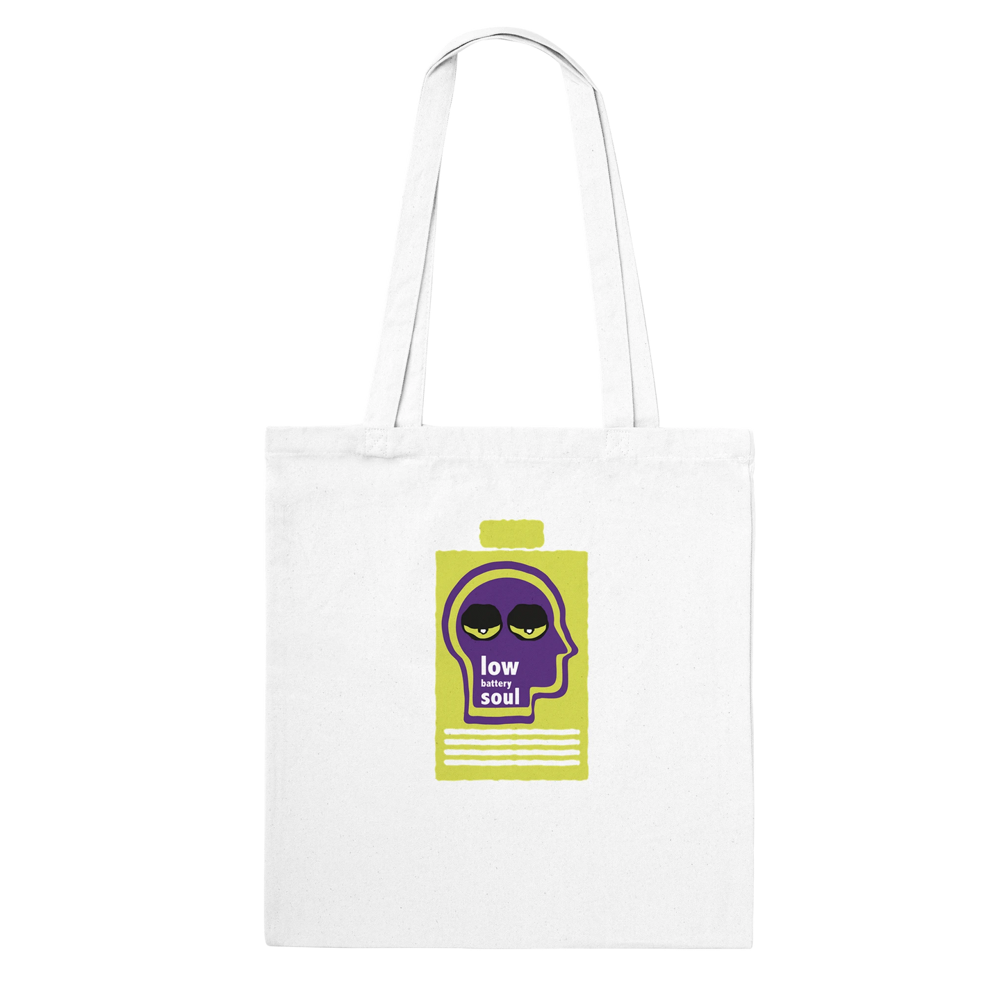 Low Battery Soul canvas tote bag with abstract design and mindfulness message to encourage emotional rest and intentional slowness.