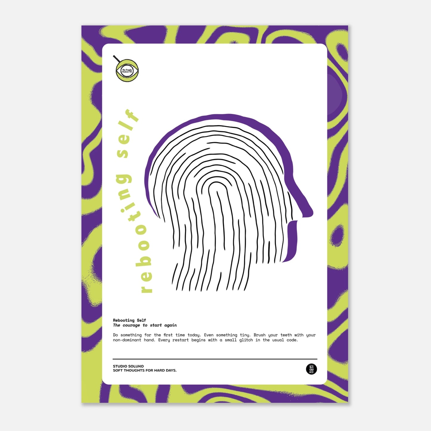 Rebooting Self poster with abstract design and gentle mindfulness message encouraging small changes, restarts, and new beginnings.