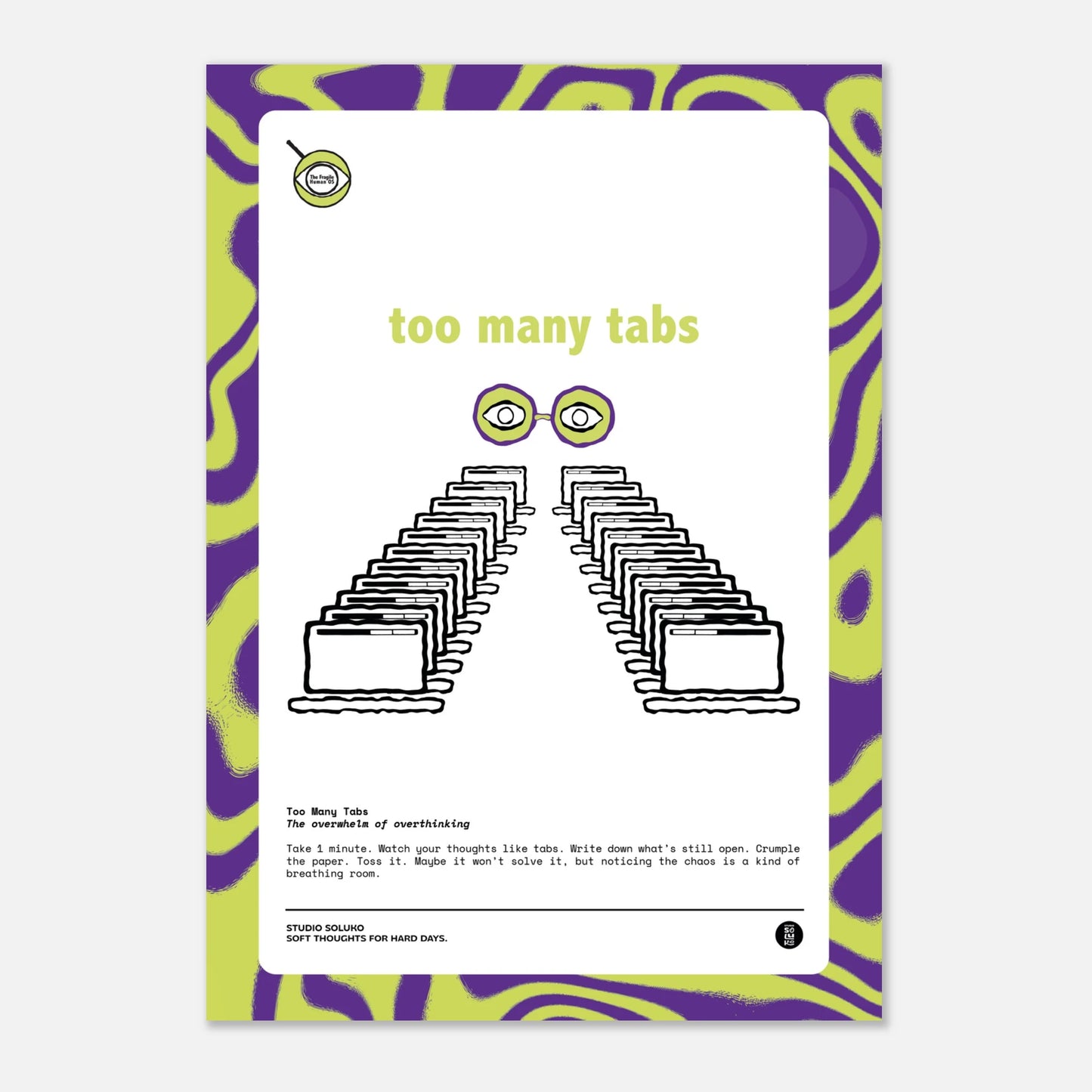 Too Many Tabs poster with abstract line design and mindfulness prompt for mental decluttering and emotional clarity.