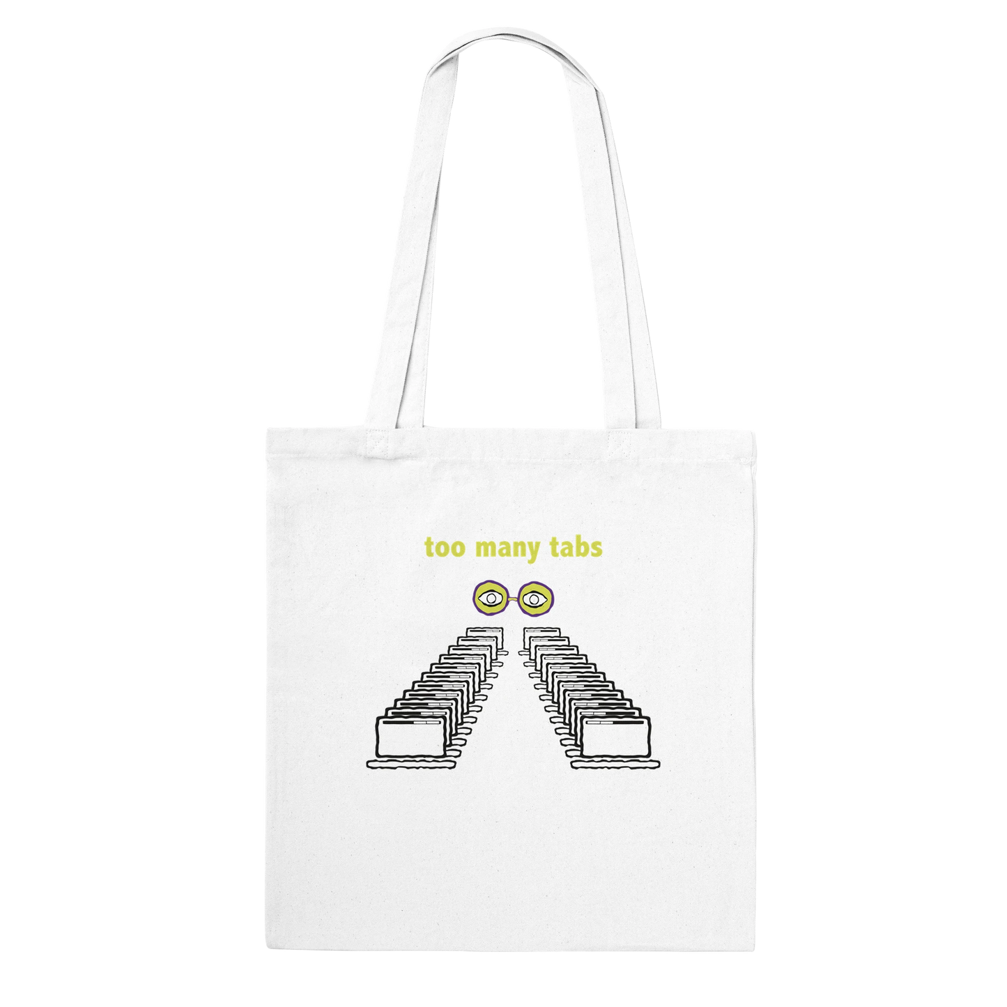 Too Many Tabs canvas tote bag with abstract artwork and mindfulness message for calming overthinking and emotional clarity.