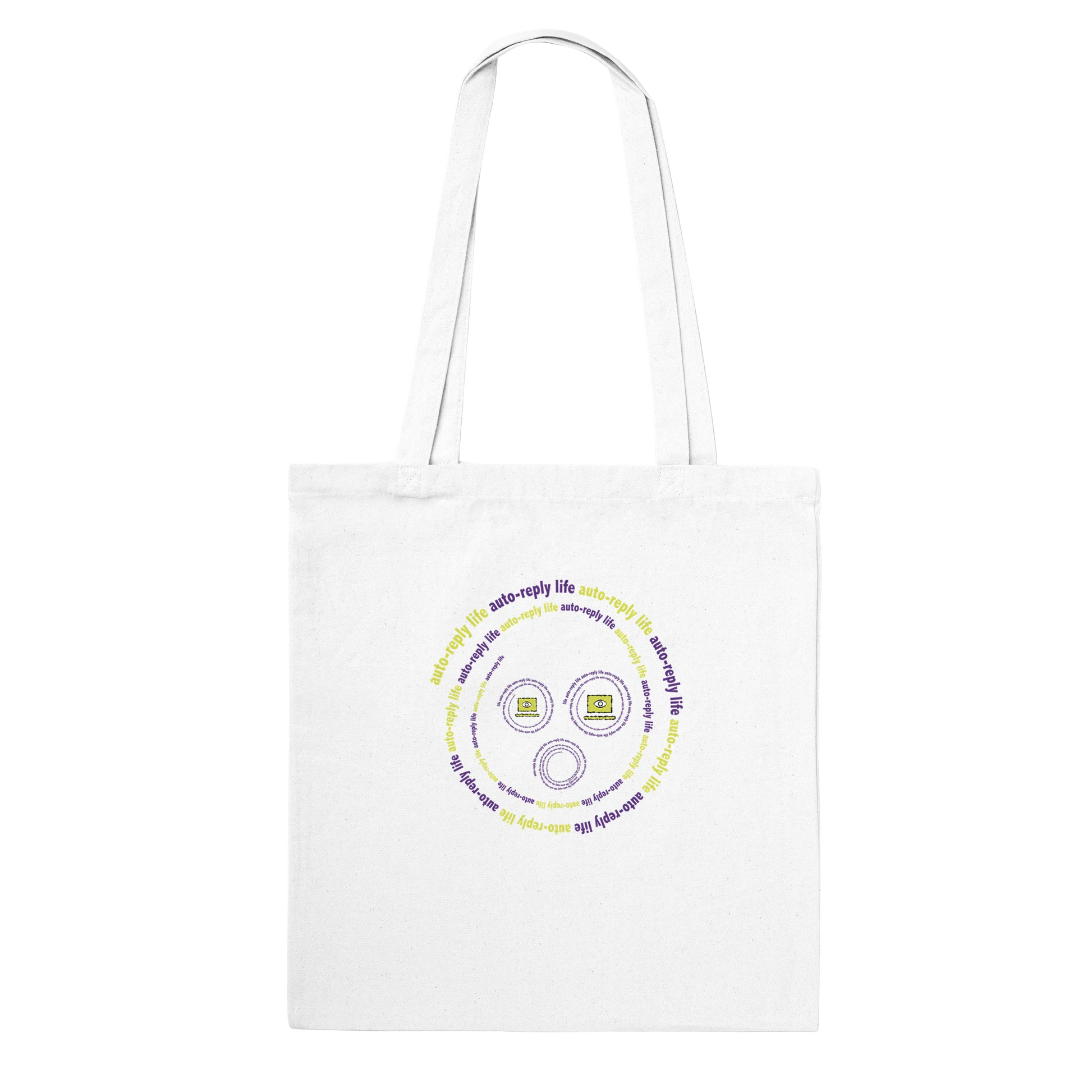 Auto-Reply Life canvas tote bag with abstract design and playful message for mindful living and breaking routine.