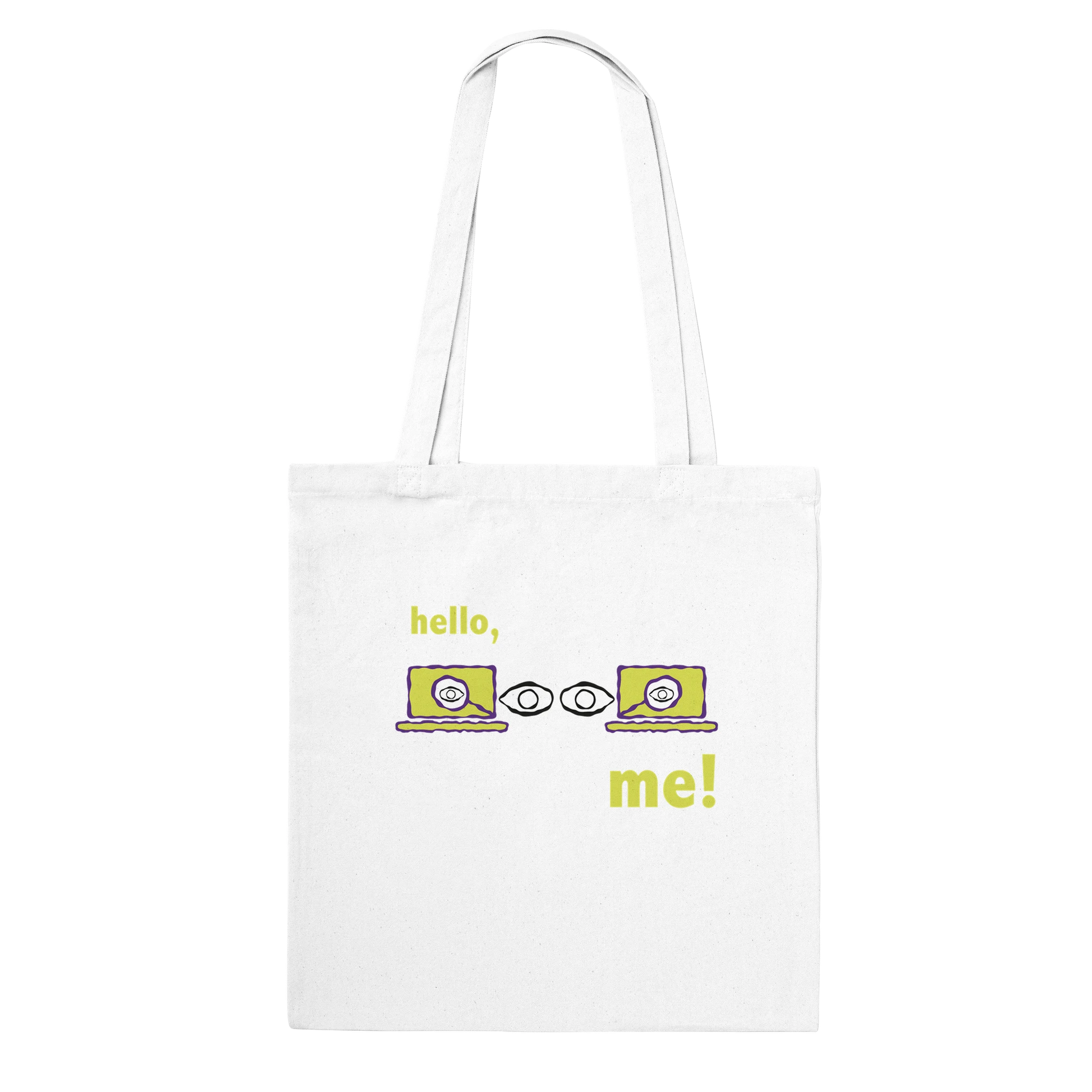 Hello, Me! canvas tote bag with eye illustration and mindfulness message for daily self-reflection and emotional wellness.