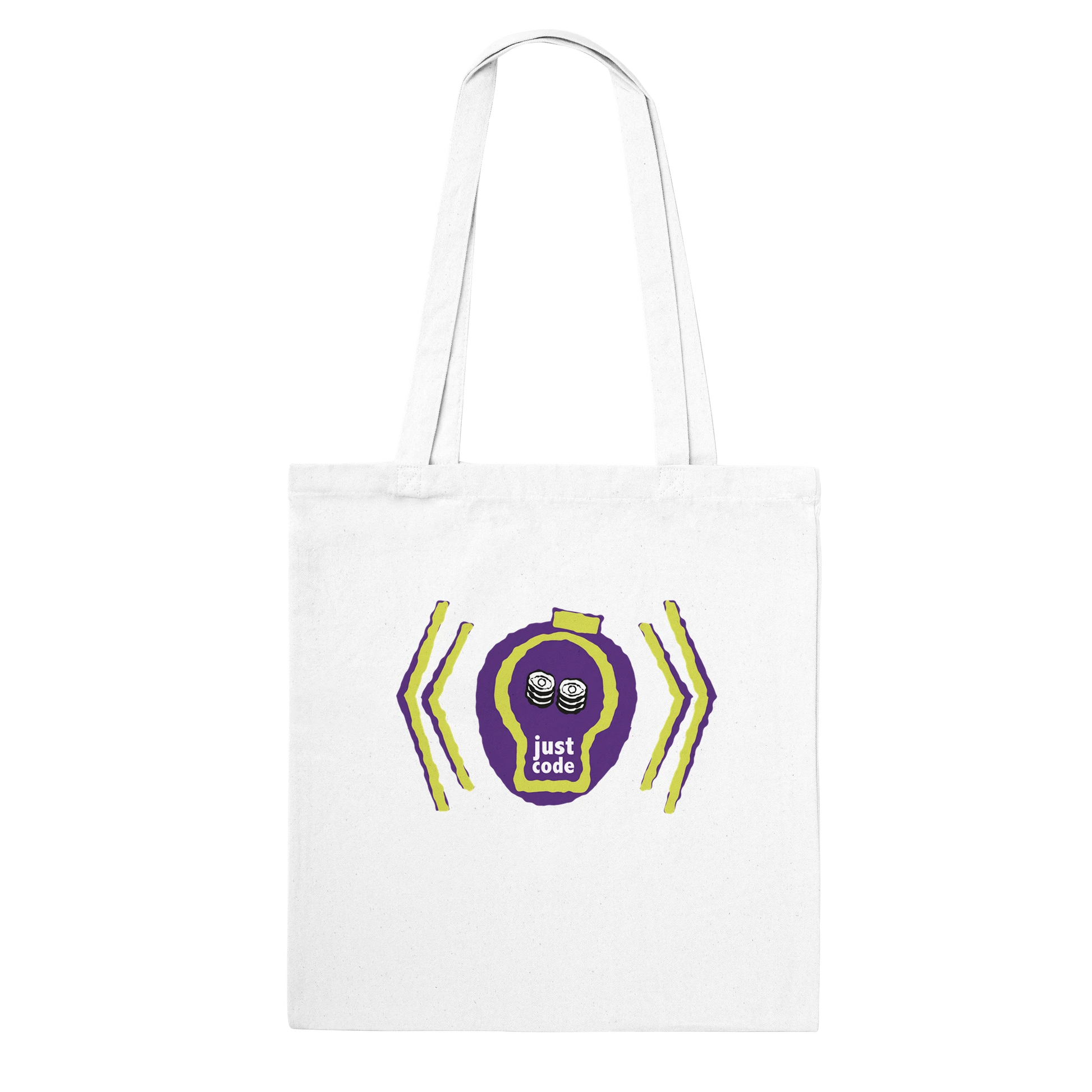 Just Code canvas tote bag with abstract design and mindfulness message encouraging a break from screens and reconnection with the physical world.