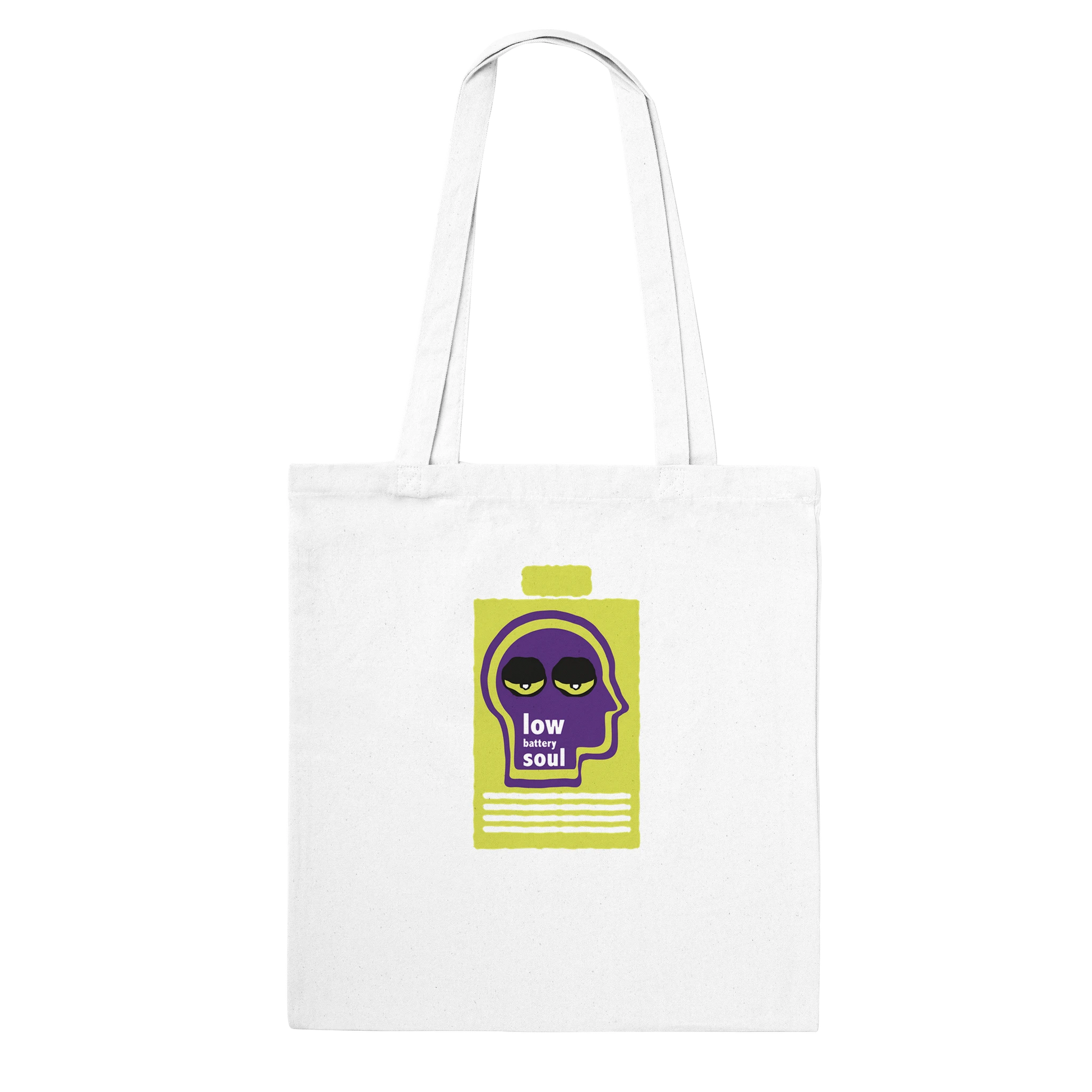 Low Battery Soul canvas tote bag with abstract design and mindfulness message to encourage emotional rest and intentional slowness.