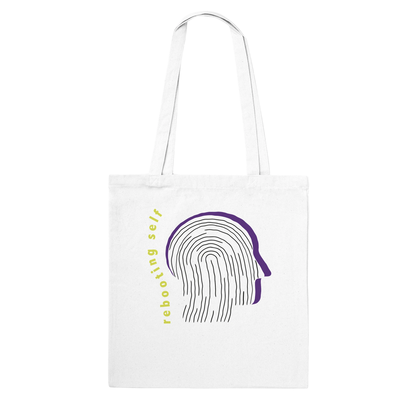 Rebooting Self canvas tote bag with abstract design and mindfulness message encouraging soft change, fresh starts, and emotional progress.