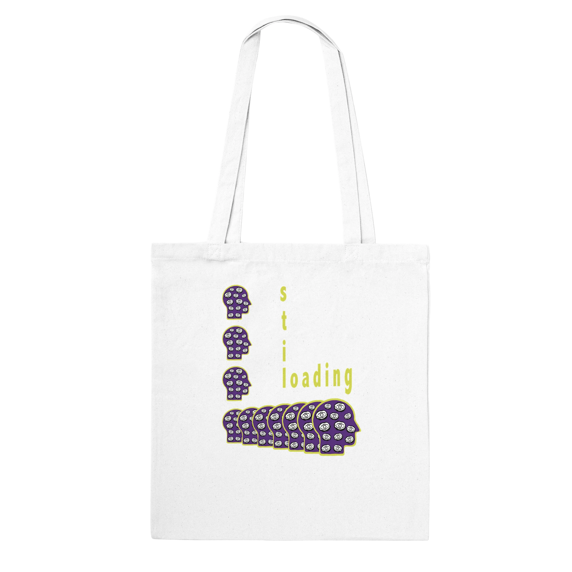 Still Loading canvas tote bag with abstract design and mindfulness message about gentle progress, emotional healing, and slow creative restarts.