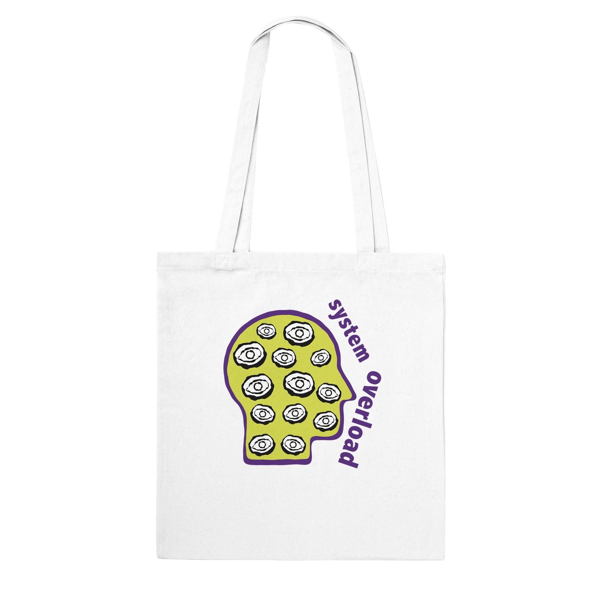 System Overload canvas tote bag with minimal design and calming message promoting rest, burnout recovery, and emotional pause.