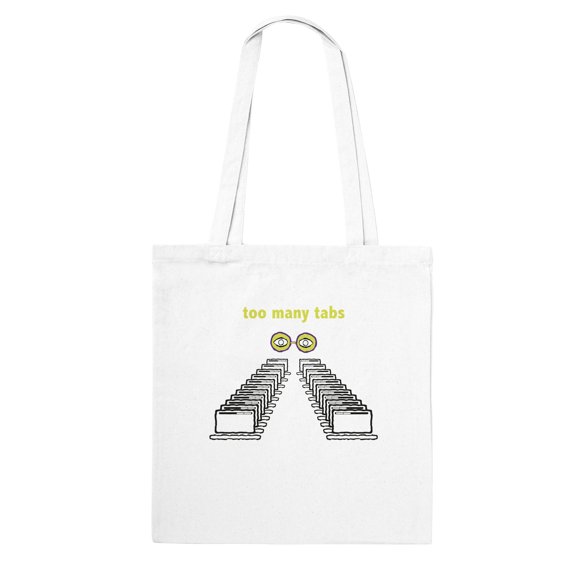 Too Many Tabs canvas tote bag with abstract artwork and mindfulness message for calming overthinking and emotional clarity.